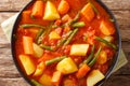 Vegetarian stew of carrots, green beans and potatoes in a spicy tomato sauce close-up in a bowl. Horizontal top view Royalty Free Stock Photo