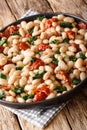 Vegetarian stew of white beans with spinach, garlic and dried tomatoes close-up on a plate. vertical Royalty Free Stock Photo