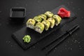 Vegetarian sushi rolls avocado with cream Philadelphia cheese, sesame, unagi sauce. Sushi menu. Japanese food.