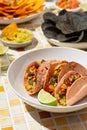 close up vegetarian tacos with vegetable salsa and beans with lime on a plate on a colorful tile. Mexican food, nachos Royalty Free Stock Photo