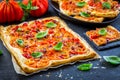 Vegetarian tomato tart or puffed pizza with herbs Royalty Free Stock Photo