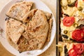 Vegetarian treats pizza with tomatoes, mozzarella and olives and naan with cheese and greens