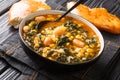 Vegetarian Turkish Kara lahana corbasÃÂ± spicy cabbage soup with kale, beans, tomatoes and corn close-up on the table. horizontal Royalty Free Stock Photo