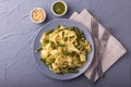 Vegetarian pappardelle pasta with green bean, pesto, pine nuts Royalty Free Stock Photo