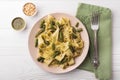 Vegetarian pappardelle pasta with green bean, pesto, pine nuts Royalty Free Stock Photo