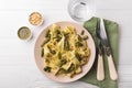 Vegetarian pappardelle pasta with green bean, pesto, pine nuts Royalty Free Stock Photo