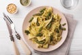 Vegetarian pappardelle pasta with green bean, pesto, pine nuts Royalty Free Stock Photo