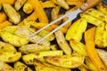 Vegetarian vegetable dish, potato wedges and pumpkin, baked grill.