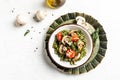 Vegetarian Vegetable green pasta spinach leaves and cherry tomatoes on liht background. Pasta vegan bowl. banner, menu recipe