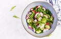 Vegetarian vegetable salad of radish, cucumbers, arugula and green onions. Royalty Free Stock Photo