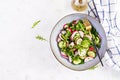Vegetarian vegetable salad of radish, cucumbers, arugula and green onions. Royalty Free Stock Photo