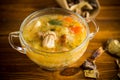 Vegetarian vegetable soup with porcini mushrooms in a glass bowl Royalty Free Stock Photo
