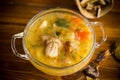 Vegetarian vegetable soup with porcini mushrooms in a glass bowl Royalty Free Stock Photo