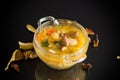 Vegetarian vegetable soup with porcini mushrooms in a glass bowl Royalty Free Stock Photo