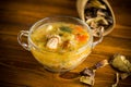 Vegetarian vegetable soup with porcini mushrooms in a glass bowl Royalty Free Stock Photo