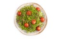 Vegetarian vegetables salad of tomatoes, celery, onion microgreen isolated on white. Top view, close up Royalty Free Stock Photo