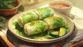 Vegetarian vietnamese spring rolls with dipping sauce vegan food, copy space available