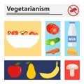 Vegetarianism. Banner with colored rectangles with vegetarian elements. Vegetables, fruit, dairy products.