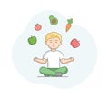 Vegetarianism, Concept. Man Vegetarian Meditates In Lotus Pose With Vegetables And Fruits Above His Head. Boy Leading