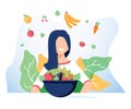 Vegetarianism and dieting concept banner for mobile app or advertising blog. Vector illustration of young woman eating Royalty Free Stock Photo