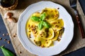 Vegetariano italiano! Tortelli with roasted pine nuts and pesto basilico Royalty Free Stock Photo