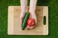 Vegetarians and cooking on the nature of the theme: human hand holding cucumber, tomato on a cutting board and a background of gre Royalty Free Stock Photo