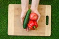 Vegetarians and cooking on the nature of the theme: human hand holding cucumber, tomato and red pepper on a cutting board and a ba Royalty Free Stock Photo