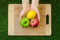 Vegetarians and cooking on the nature of the theme: human hand holding a red, apple green and lemon yellow on the background of a Royalty Free Stock Photo