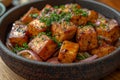 Vegetate flambee with smoked tofu and onions. Royalty Free Stock Photo