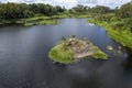 Vegetation Covered Rocks In A River Downstream From A Dam Royalty Free Stock Photo