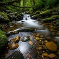 Vegetation line the banks while branches arch over the stream creating a Royalty Free Stock Photo