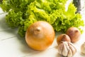 Vegetebles and ingredient such as garlic and etc.Close up Royalty Free Stock Photo