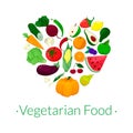 Vegeterian food concept. heart shape with fresh organic fruit and vegetables composition. Vector.