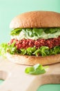 Veggie beet and quinoa burger with avocado dressing Royalty Free Stock Photo
