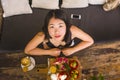 Veggie brunch . natural lifestyle portrait of young happy and beautiful Asian Korean woman eating outdoors having organic