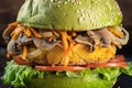 Veggie burger. lettuce, the cutlet vegetarian meat alternatives consists of chickpeas corn potatoes, fried onions and carrots. Royalty Free Stock Photo