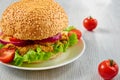 Veggie burger with salad, onion rings decorated with fresh cherry tomatoes on the gray concrete background with free copy space Royalty Free Stock Photo