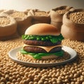 A veggie burger sitting in a sea of soya beans and harvest of hessian bags filled with beans