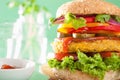 Veggie chickpea and sweetcorn burger with pepper jalapeno onion