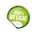 Veggie 100% - Green Round Button With Leaf - Vector Illustration - Isolated On White Background Royalty Free Stock Photo