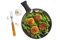 Veggie patty cutlet with lentils, vegetables and arugula. Isolated on white background, Top view. Royalty Free Stock Photo