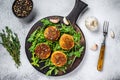 Veggie patty cutlet with lentils, vegetables and arugula. White background. Top view Royalty Free Stock Photo