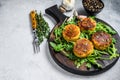 Veggie patty cutlet with lentils, vegetables and arugula. White background. Top view. Copy space Royalty Free Stock Photo