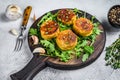 Veggie patty cutlet with lentils, vegetables and arugula. White background. Top view Royalty Free Stock Photo