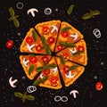 Veggie Pizza with basil tomato, champignons on chalkboard. Slices of hot pizza with cheese for menu, banner for
