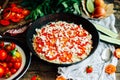 Veggie pizza. Pizza with tomatoes, shallot and fresh herbs. Cher Royalty Free Stock Photo