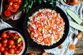 Veggie pizza. Pizza with tomatoes, shallot and fresh herbs. Cher Royalty Free Stock Photo