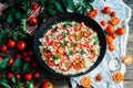 Veggie pizza. Pizza with tomatoes, shallot and fresh herbs. Cher Royalty Free Stock Photo