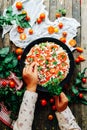Veggie pizza. Pizza with tomatoes, shallot and fresh herbs. Cher Royalty Free Stock Photo