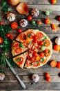 Veggie pizza. Pizza with tomatoes, shallot and fresh herbs. Cher Royalty Free Stock Photo